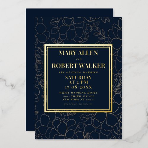 Classy navy blue gold luxury floral wedding foil invitation