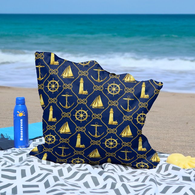 Classy Navy Blue Gold Nautical Lighthouse Anchor  Tote Bag (Creator Uploaded)
