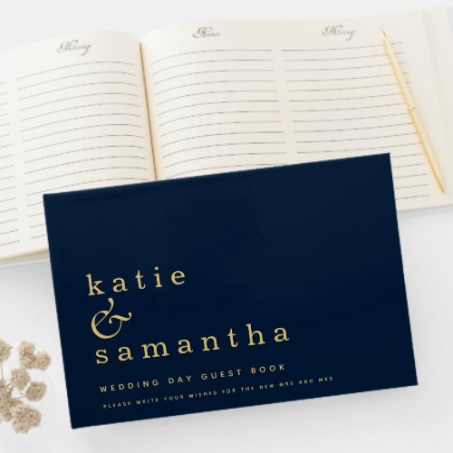 Classy Navy Blue Gold or Any Color Lesbian Wedding Guest Book