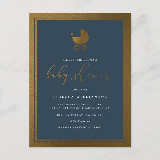 Classy Navy Blue & Gold Pram Boy Baby Shower Invitation Postcard (Front)