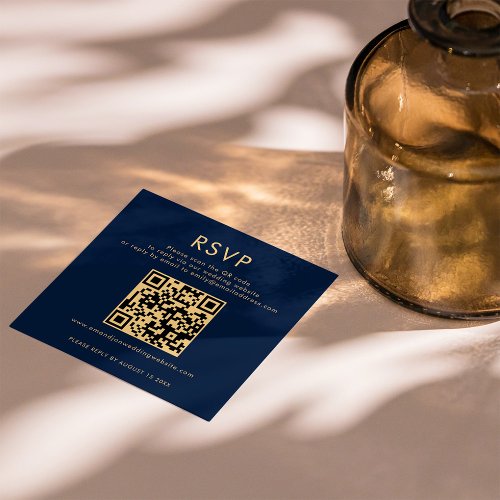 Classy Navy Blue Gold QR Code Wedding RSVP  Enclosure Card