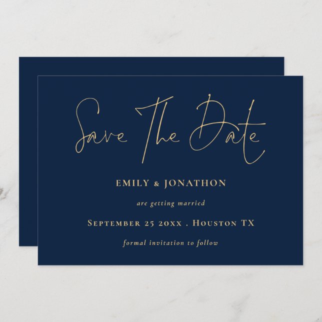 Classy Navy Blue Gold Script Save The Date (Front/Back)