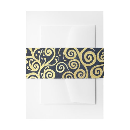  Classy Navy Blue Gold Swirl Sophisticated Wedding Invitation Belly Band