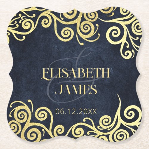 Classy Navy Blue Gold Swirls Wedding Sophisticated Paper Coaster