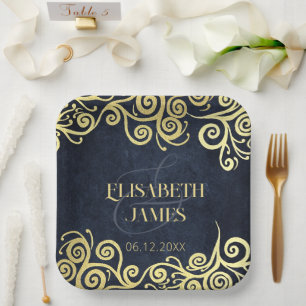 Classy Navy Blue Gold Swirls Wedding Sophisticated Paper Plates
