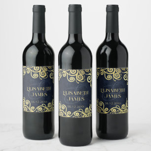 Classy Navy Blue Gold Swirls Wedding Sophisticated Wine Label