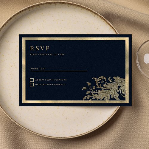 Classy navy blue gold vintage floral lace RSVP Invitation