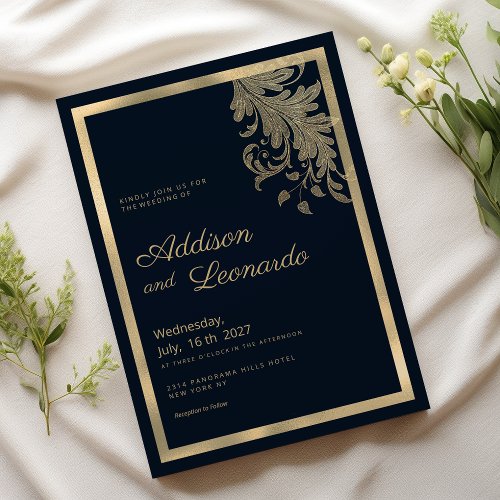 Classy navy blue gold vintage floral lace wedding invitation