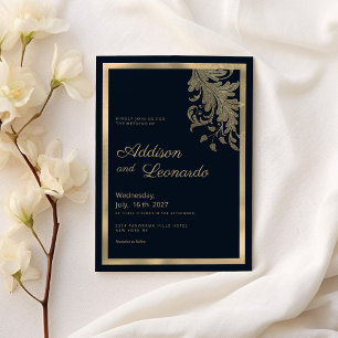 Classy navy blue gold vintage floral lace Wedding Invitation