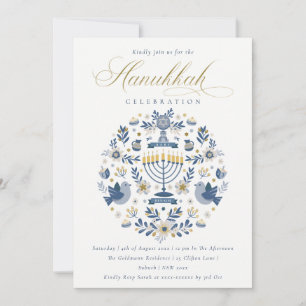Classy Navy Blue Hanukkah Floral Party Holiday Card