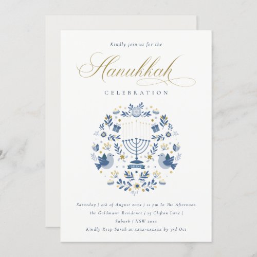 Classy Navy Blue Hanukkah Floral Party Invite