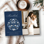 Classy Navy Blue Happy Hanukkah 1 Photo Floral Holiday Card<br><div class="desc">If you need any further customisation please feel free to message me on yellowfebstudio@gmail.com.</div>