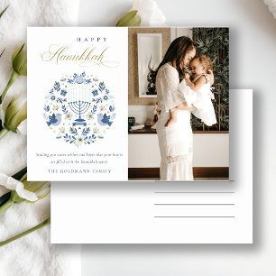 Classy Navy Blue Happy Hanukkah 1 Photo Floral Holiday Postcard