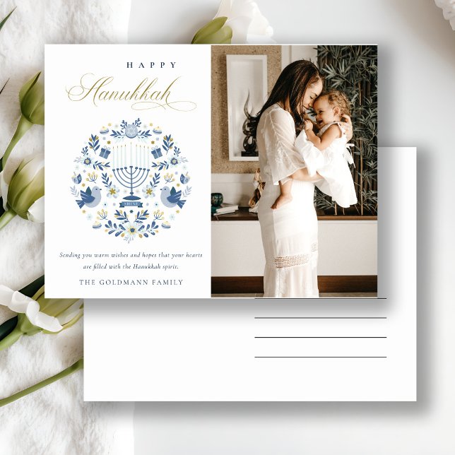 Classy Navy Blue Happy Hanukkah 1 Photo Floral Holiday Postcard (Creator Uploaded)
