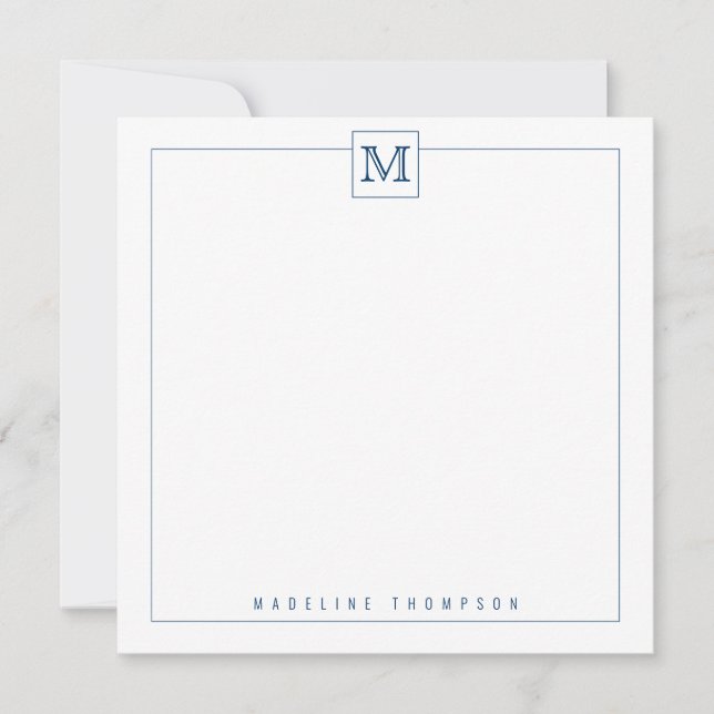 Classy Navy Blue Initial Monogram Square border Note Card (Front)