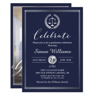 Classy Navy Blue Law School Graduation Party Photo Invitation