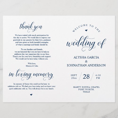 Classy Navy Blue Wedding Ceremony Foldable Program