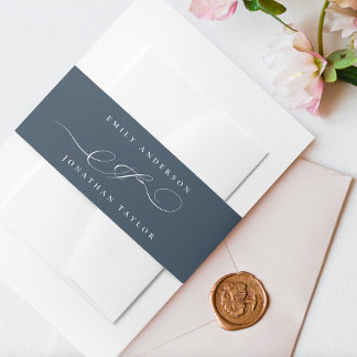 Classy Navy Blue White Calligraphy Wedding  Invitation Belly Band