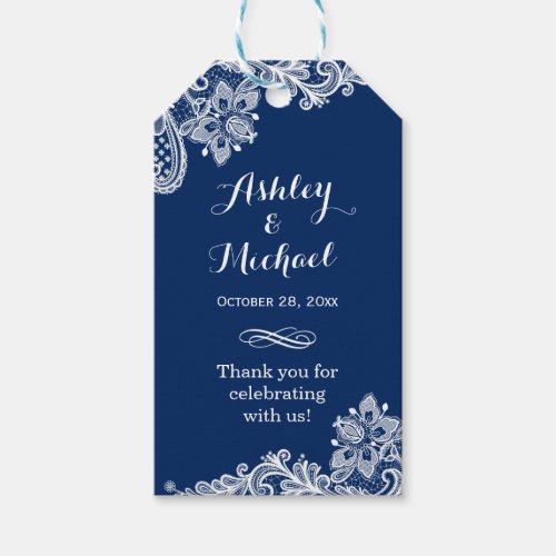 Classy Navy Blue White Lace Wedding Thank You Gift Tags