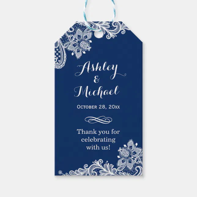 Classy Navy Blue White Lace Wedding Thank You Gift Tags | Zazzle
