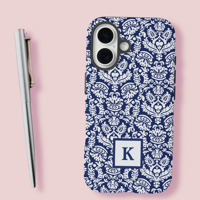 Classy Navy Damask Pattern Monogram Tote Bag Iphone Case (Creator Uploaded)