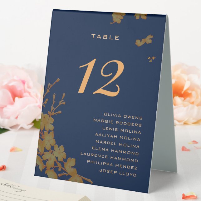 Classy Navy Gold Floral Guest Names Table Number Tent (In SItu (Wedding))