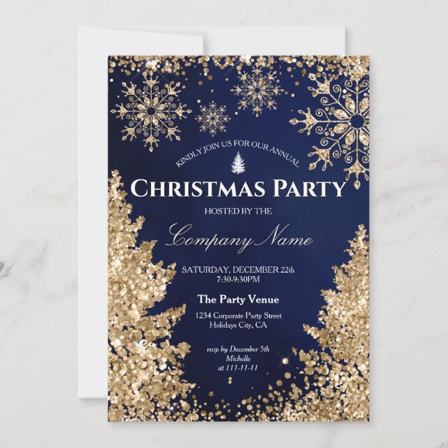 Classy Navy Gold Glitter Corporate Christmas Party Invitation (Front)