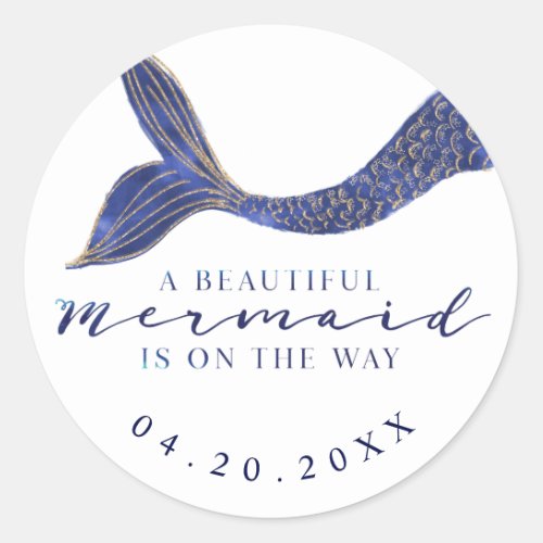 Classy Navy  Gold Watercolor Mermaid Baby Shower Classic Round Sticker