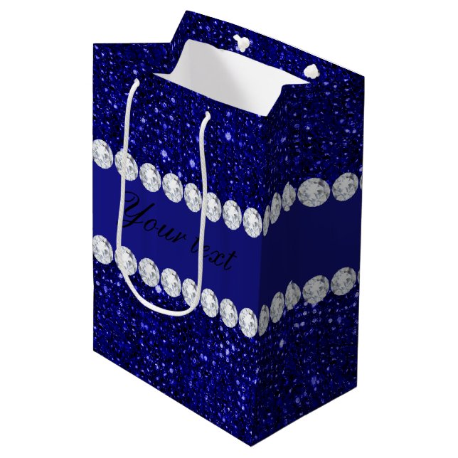 Classy Navy Sequins and Diamonds Personalized Medium Gift Bag (Front Angled)
