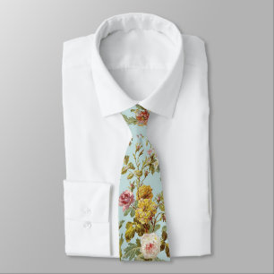 Classy Neck Tie With Antique Roses On Light Blue