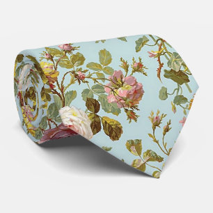 Classy Neck Tie With Antique Roses On Light Blue