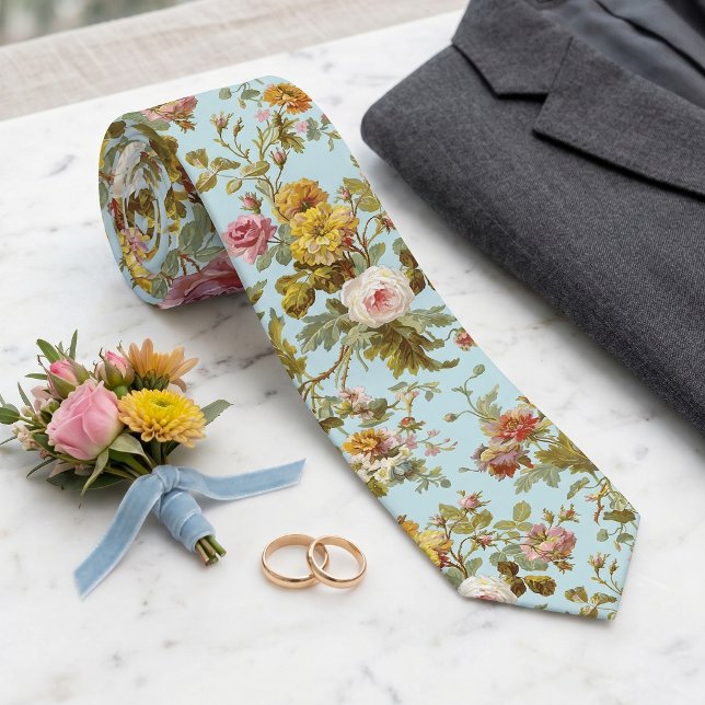Classy Neck Tie With Antique Roses On Light Blue (Creator Uploaded)