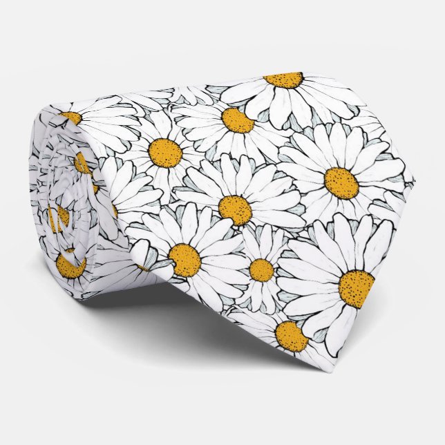 Classy Neck Tie With Yellow White Daisy Floral Art (Rolled)