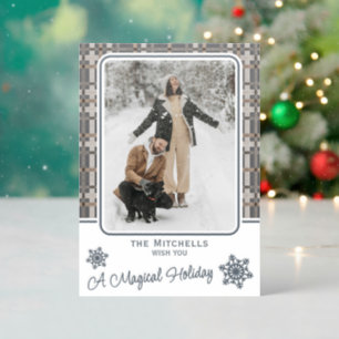 Classy Neutral Beige Dark Brown Gray Plaid Holiday Letterpress Photo Cards