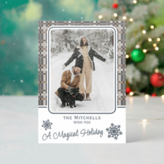 Classy Neutral Beige Dark Brown Gray Plaid Holiday Letterpress Photo Cards