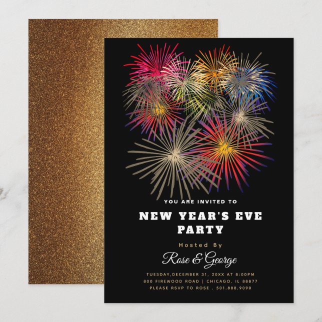Classy New Year's Eve Party 20XX Golden Fireworks  Invitation (Front/Back)
