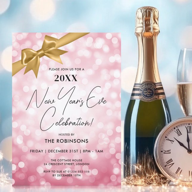 Classy New Years Eve Party Blush Bokeh Gold Bow Invitation (Classy New Years Eve Party Blush Bokeh Gold Bow Invitation)
