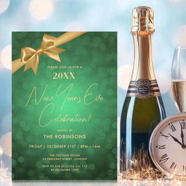 Classy New Years Eve Party Green Gold Bokeh Bow Invitation (Classy New Years Eve Party Green Gold Bokeh Bow Invitation)