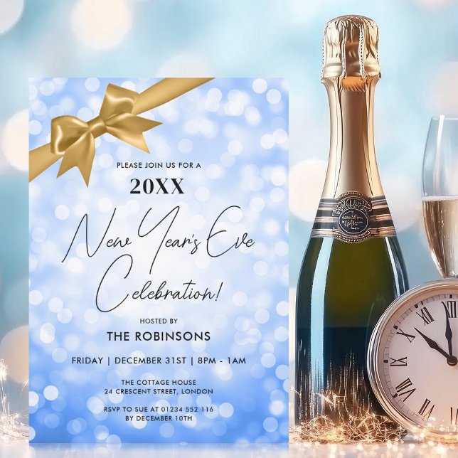 Classy New Years Eve Party Navy Bokeh Gold Bow Invitation (Classy New Years Eve Party Navy Bokeh Gold Bow Invitation)