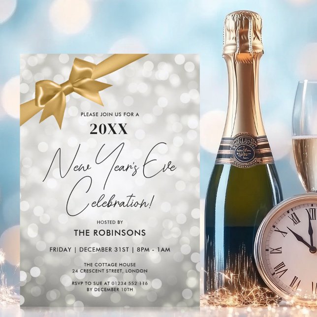 Classy New Years Eve Party Silver Bokeh Gold Bow Invitation (Classy New Years Eve Party Silver Bokeh Gold Bow Invitation)