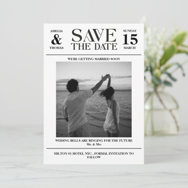 classy Newspaper photo save the date card (Standing Front)