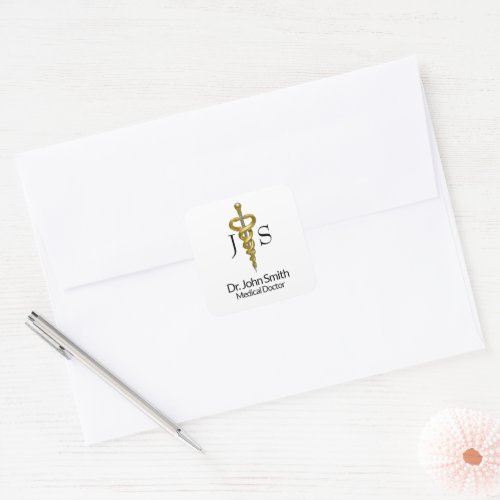 Classy Noble Elegant Medical Gold Silver Asclepius Square Sticker