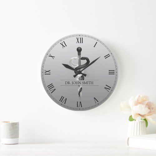 Classy Noble Medical Asclepius Elegant Black White Large Clock