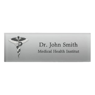 Classy Noble Medical Elegant Black White Caduceus Name Tag