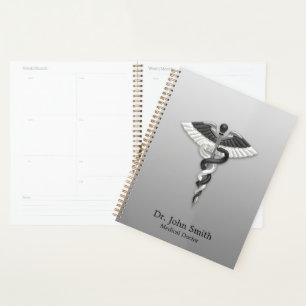 Classy Noble Medical Elegant Black White Caduceus Planner