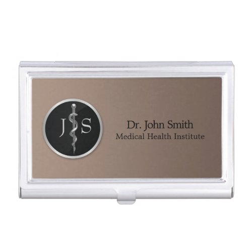 Classy Noble Medical Rod of Asclepius Silver Business Card Case