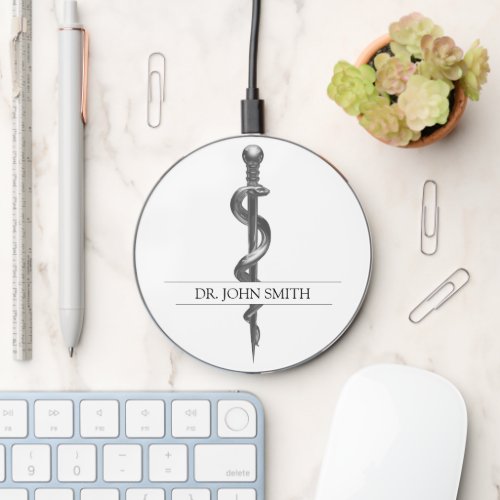 Classy Noble Medical Rod of Asclepius Silver Wireless Charger