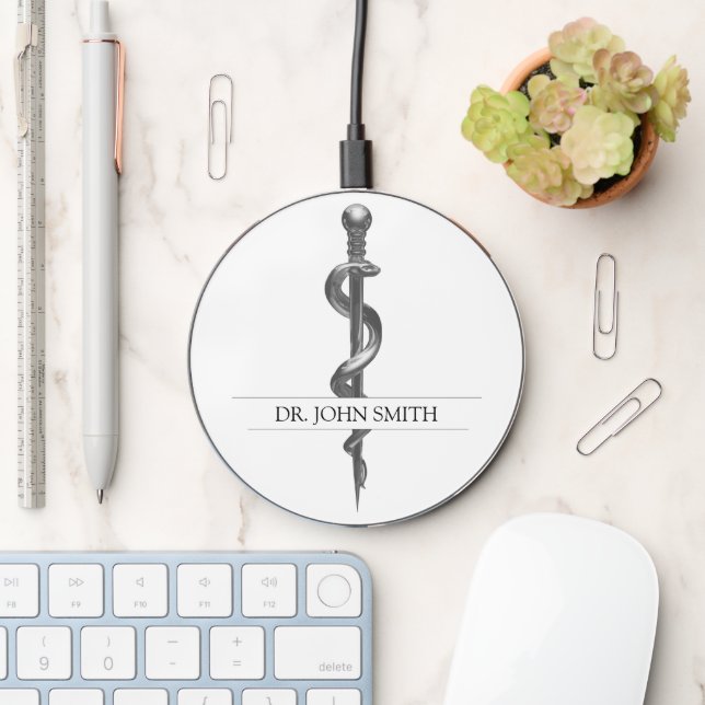 Classy Noble Medical Rod of Asclepius Silver Wireless Charger (Desk)