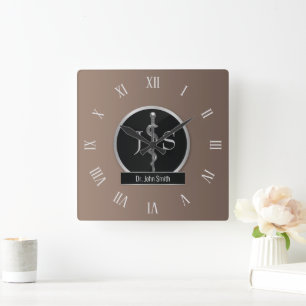 Classy Noble Medical Silver Rod of Asclepius Square Wall Clock