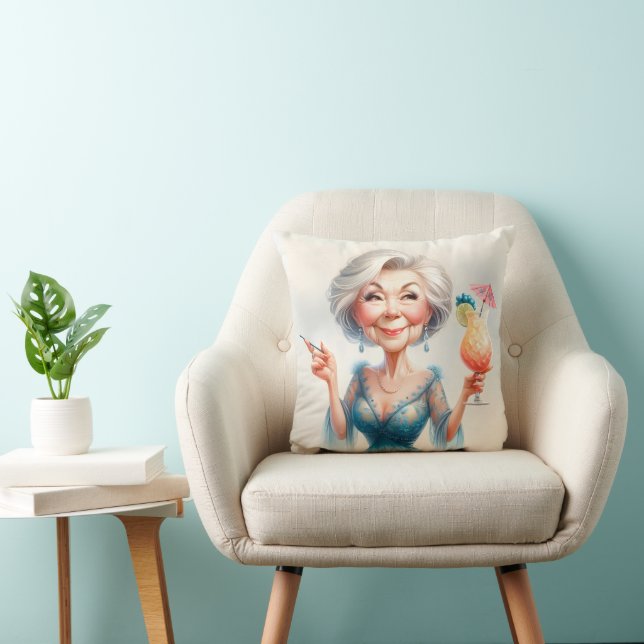 Classy Old Lady With a Cocktail Throw Pillow (Chair)